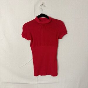 One Step Up Womens Red Mock Neck Ribbed Empire Waist Short Sleeve Sweater Size M